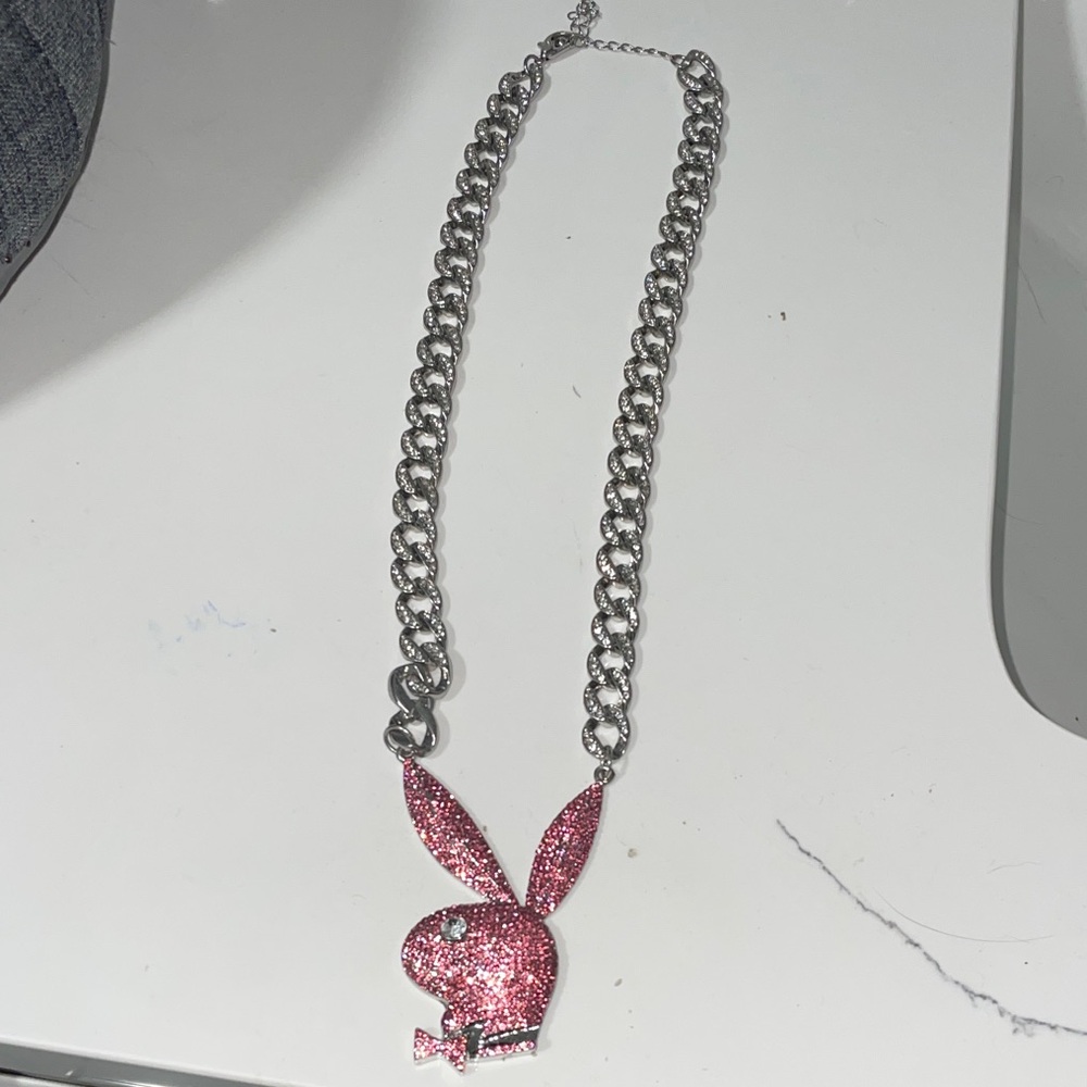 PLAYBOY Pink and Silver Bunny Cuban Link Chain